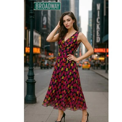 Karen Kane 100% Silk Maxi Dress Sleeveless V Neck Multi Geometric Print Medium - Image 1 of 4