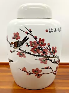 Vintage Chinese Hand Painted Cherry Blossoms Birds Porcelain Lidded Ginger Jar - Picture 1 of 16