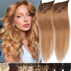 US Stock 100% Human Hair Extensions 8 Pieces Clip In Real Remy Hair FULL HEAD 8A - Picture 1 of 36