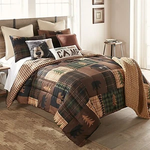 Donna Sharp Brown Bear Cabin Comforter Set Rustic Lodge Green Tan & Kila Throw - Picture 1 of 8