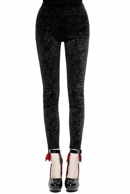 Killstar Gothic Goth Samt Leggings - Bite Me Schwarz Rosen Schädel - Bild 1 von 4