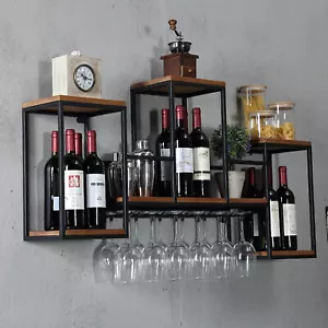 Wall Mounted Wine Rack Bar Drink Bottle Storage Shelf Glass Holder Display Black - Picture 1 of 12