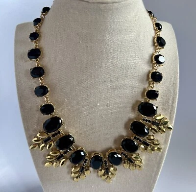 Elegant Statement Necklace Black Glass Oval Crystals Gold Tone 18” Pretty - Image 1 of 4