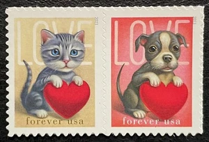 2023 Scott #5745-5746, Forever, LOVE - KITTY & PUPPY - Mint NH - Strip of 2 - Picture 1 of 1