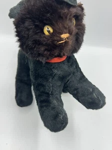 Vintage 1960's Black Cat Plush Real Animal Fur Head Green Eyes 7" Tall - Picture 1 of 11