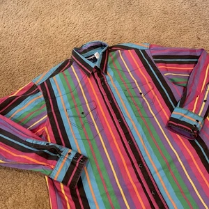 Wrangler Brushpopper Western Shirt Mens 17.5-35 VTG Pink Green Black Striped - Picture 1 of 11