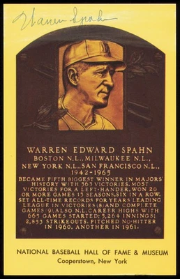 Warren Spahn Autographed Signed HOF Plaque Postcard Milwaukee Braves - Image 1 of 2