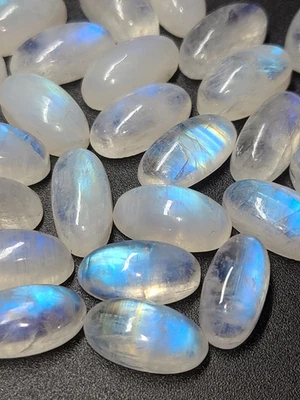 Natural Rainbow Moonstone 14x7mm Flat Back Long Oval Cabochon Loose Gemstone(s) - Image 1 of 4