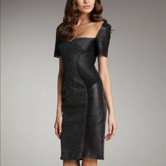 Funda de Lana Virgen Zac Posen Negra Corte Láser Acentos Escote Cuadrado Cremallera Espalda S 4 Foto 1 de 4