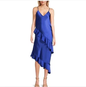 NWT GB Cascading Satin Asymmetrical Ruffle Colbalt Midi Dress M - Picture 1 of 4
