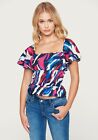 Bebe Blouse Top Futter Sleeves Stretch Smock Waist Multi-Color Wave Print S Nwt