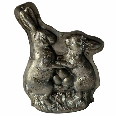 Primitive Antique Tin Style Easter Bunny Rabbit Couple Resin Chocolate Mold Faux - Image 1 of 4