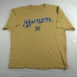 MLB Milwaukee Brewers Shirt Beige Spellout Tee Size 2XL Cotton Adult Mens - Picture 1 of 10