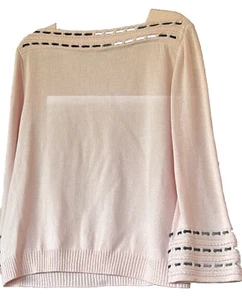 ST. JOHN SPORT Sweater Womens Large Knit Wool Blend Black Embroidery Bell Sleeve - Picture 1 of 10