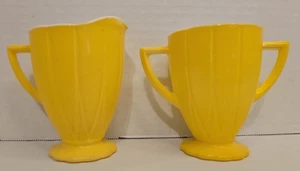 Vintage Bright Yellow Platonite Hazel Atlas Newport Hairpin Cream and Sugar Set - Picture 1 of 13