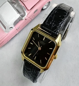 Reloj sin mangas ORIENT caja dorada Japón de colección años 80 esfera negra cuero 20 mm damas - Imagen 1 de 3