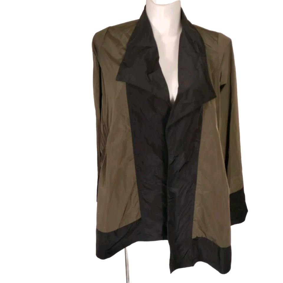 Chaqueta túnica SUN KIM drapeada frontal abierta bolsillos verde oliva negra talla mediana EE. UU. Foto 1 de 4
