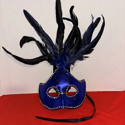 VENETIAN MASQUERADE BALL PARTY MASK FEATHERS-1 Side Of Tie Missing- New - Image 1 of 4