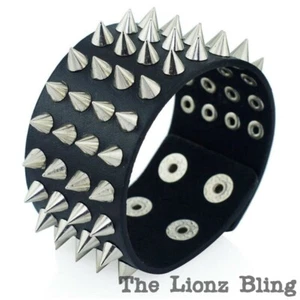 Emo Gothic Punk Black Leather Band with 4 Rows of Silver Spikes Bracelet - Picture 1 of 8