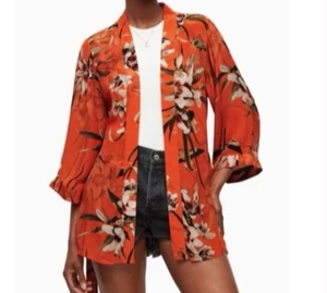 ALLSAINTS kurzer orangefarbener Kimono Seidenmischung Carina Dorada Blumen US Gr. 0 EU 32 UK 4 - Bild 1 von 23