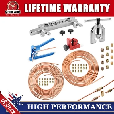Brake Line Repair Kit 3/16 + 1/4 25 FT Pipe Double Flaring Tool Nuts Fittings A+ - Image 1 of 4