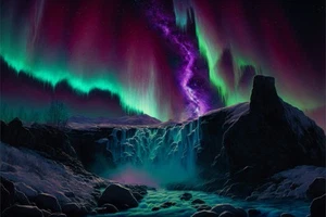 Impresión de póster de pared verde púrpura cascada auroras boreales arte en lienzo - Imagen 1 de 22