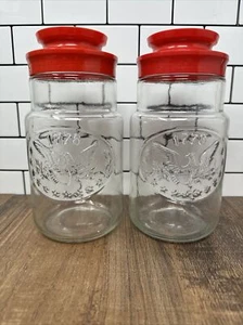 Set Of 2 Anchor Hocking Glass Canister Jar, 1776 Embossed Red Lid Vintage 8" - Picture 1 of 10