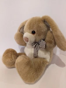 Vintage Dakin Tan Floppy Easter Bunny Plaid Bow Brown Eyes Plush Stuffed Animal  - Picture 1 of 11