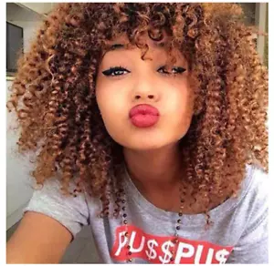 Afro Perücken für schwarze Damen kurze lockige Afro Perücke mit Pony ombre dunkelbraun - Bild 1 von 3