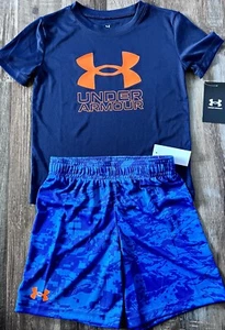 NWT Under Armour Little Boys 5 Navy/Orange/Light Blue BIG LOGO Shorts Set - Picture 1 of 3
