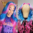 Ombre Pink Blue Human Hair Wigs Remy Transparent Lace Pre Plucked Body Wave 200%