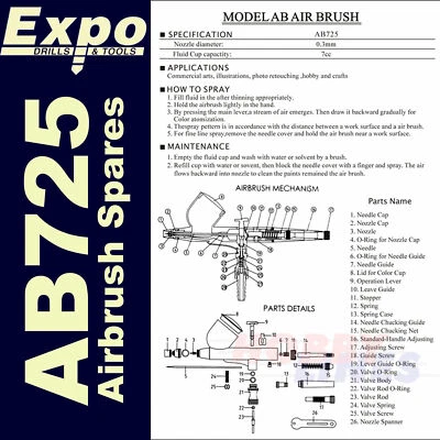 AB725 AIRBRUSH Ersatzteile Full Range Schwerkraftzufuhr Originalteile Expo Tools