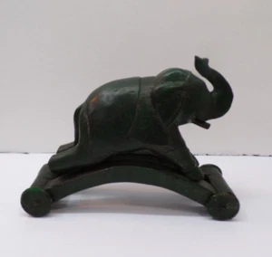 Vintage Hand Carved Green Wooden Elephant on Wheels - Picture 1 of 8