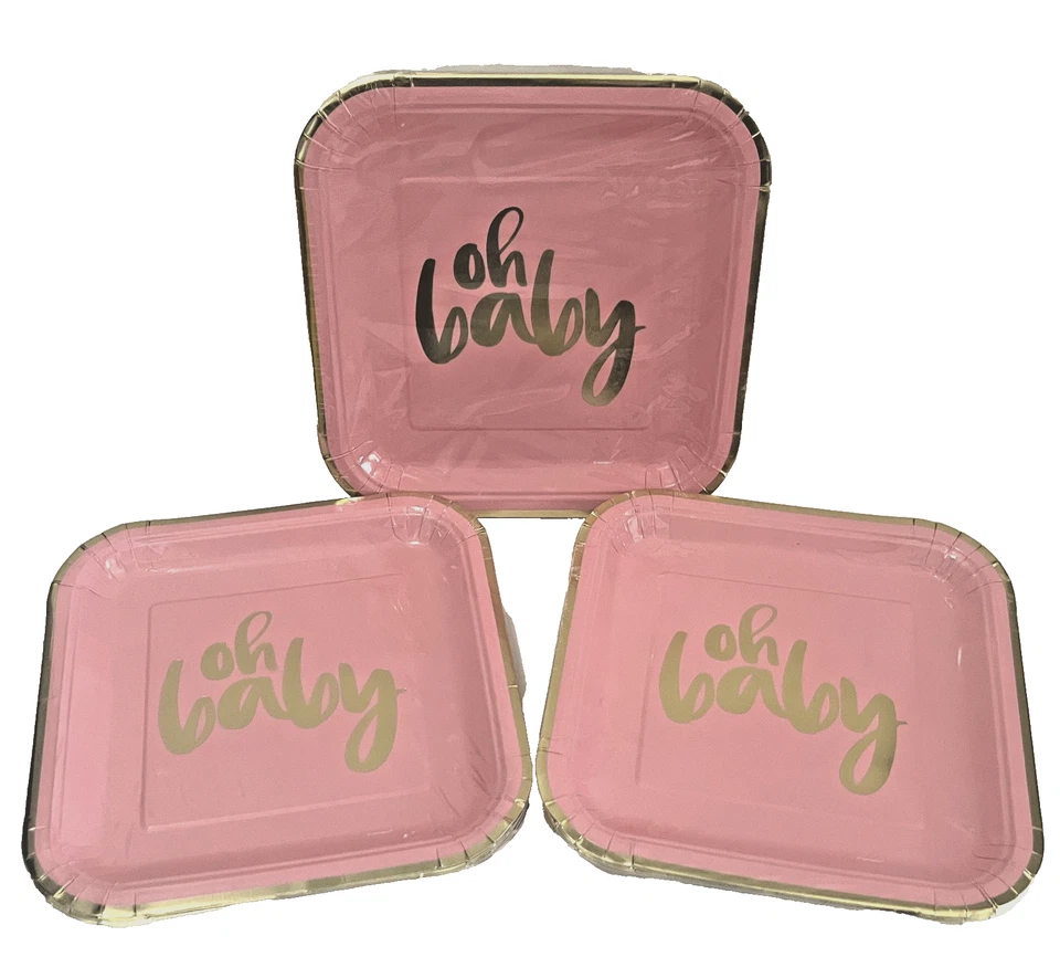 OH BABY 8ct 9 pol. Pratos de papel rosa chá de bebê menina letras douradas lote de 3 NOVO - Imagem 1 de 2