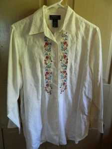 Lauren Ralph Lauren100% Linen Floral Embroidered White Button-Up Shirt Womens L - Picture 1 of 6