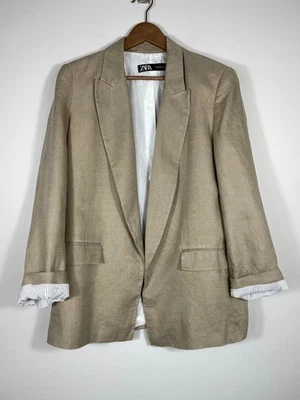Blazer Mujer Zara Beige Lino Talla Grande - Calce Relajado, Hecho en Marruecos Foto 1 de 4