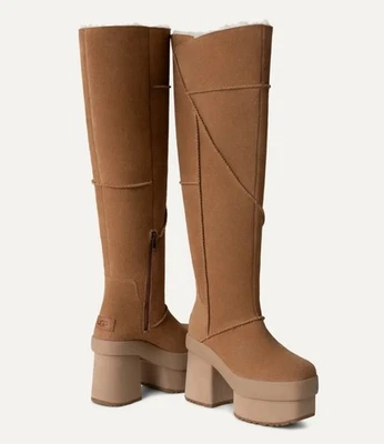 UGG New Heights Platform Xtra Women's High Heel Tall Chestnut Suede Boots sz 10 - Image 1 of 3