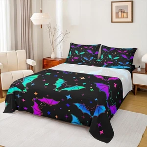 Halloween Bat Bedding Set Queen Size Glitter Stars Galaxy Bed Sheet Set for K... - Picture 1 of 8