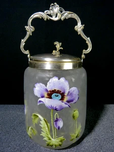 Antiker Art Nouveau Glas Keksbehälter Mit Relief Und Emaille Blumen Dekor - Picture 1 of 23