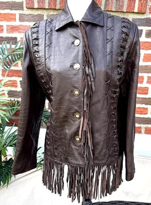 St John Sport Leather Jacket Size S Brown Fringed Braided Southwestern Size 4/6 - Image 1 of 4