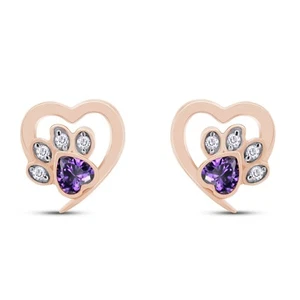 Cat Paw Print Stud Earrings Simulated Birthstone 14K Rose Gold Plated Sterling - Picture 1 of 79