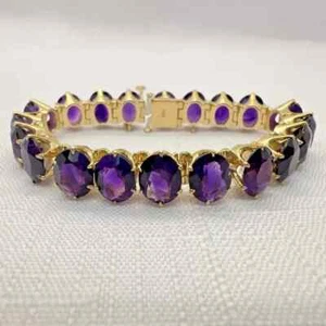 Vintage 14k Yellow Gold Plated Purple Amethyst Oval Tennis Womens Bracelet 7." - Picture 1 of 6