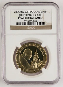 Poland 2005 10 Zlotych 14.14 Gram Silver Gilded NGC PF69 "Death of John Paul II" - Picture 1 of 2