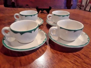 4 Buffalo China Restaurant Ware Coffee Cups & Saucers U.S.A White w/Green Waves - Picture 1 of 7