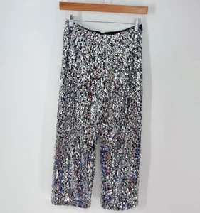 MAEVE The Collette High Rise Button Zip Up Wide Leg Silver Sequin Pants - Picture 1 of 5