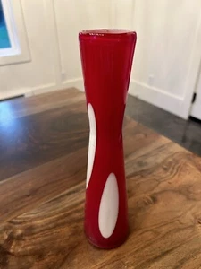 MCM Glass Vase Red Cased Elongated White Circles Hand Blown 11" - Picture 1 of 8