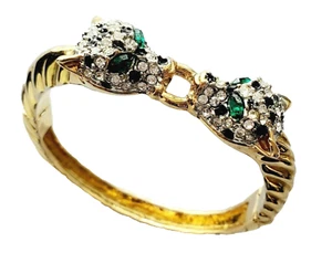 Pulsera Vintage DOBLE LEOPARDO Estrás Tono Dorado con Incrustaciones *HERMOSA* - Imagen 1 de 9