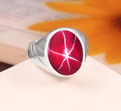 Genuine Real Red Star Ruby Ring 925 Silver Wedding Ruby Jewelry Ring For Men - Image 1 of 4