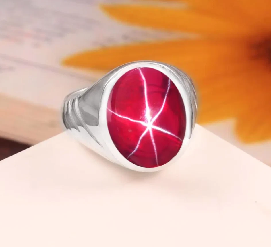Genuine Real Red Star Ruby Ring 925 Silver Wedding Ruby Jewelry Ring For Men - Image 1 of 4