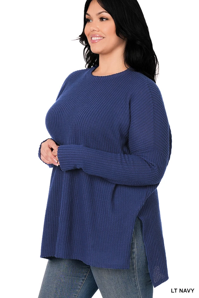 1X 2X 3X Plus Para Mujer Cuello Redondo Suave Cepillado Térmico Waffle Suéter Cálido Top Foto 1 de 1